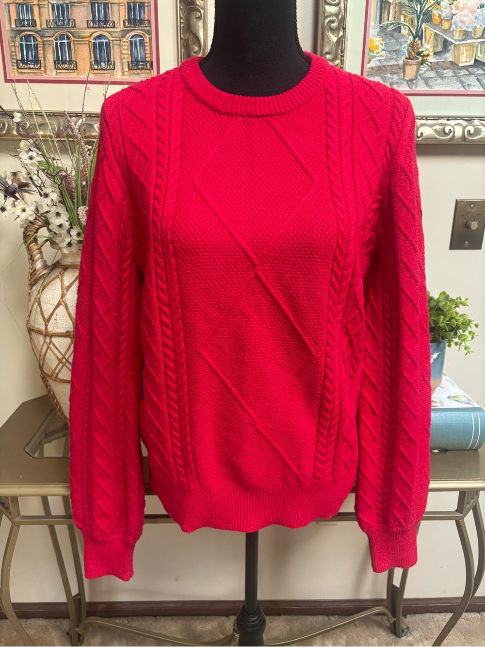 Cyrus Bright Red Cable Knit Crewneck Sweater Size Medium